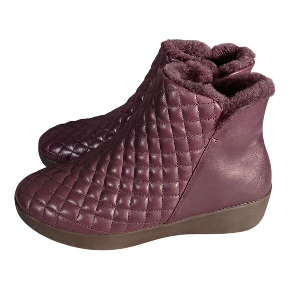 Fitflop Ankle Boot  Bootie Mila Diamond Quilted Shearling Purple Leather Women 7 - Picture 6 of 9